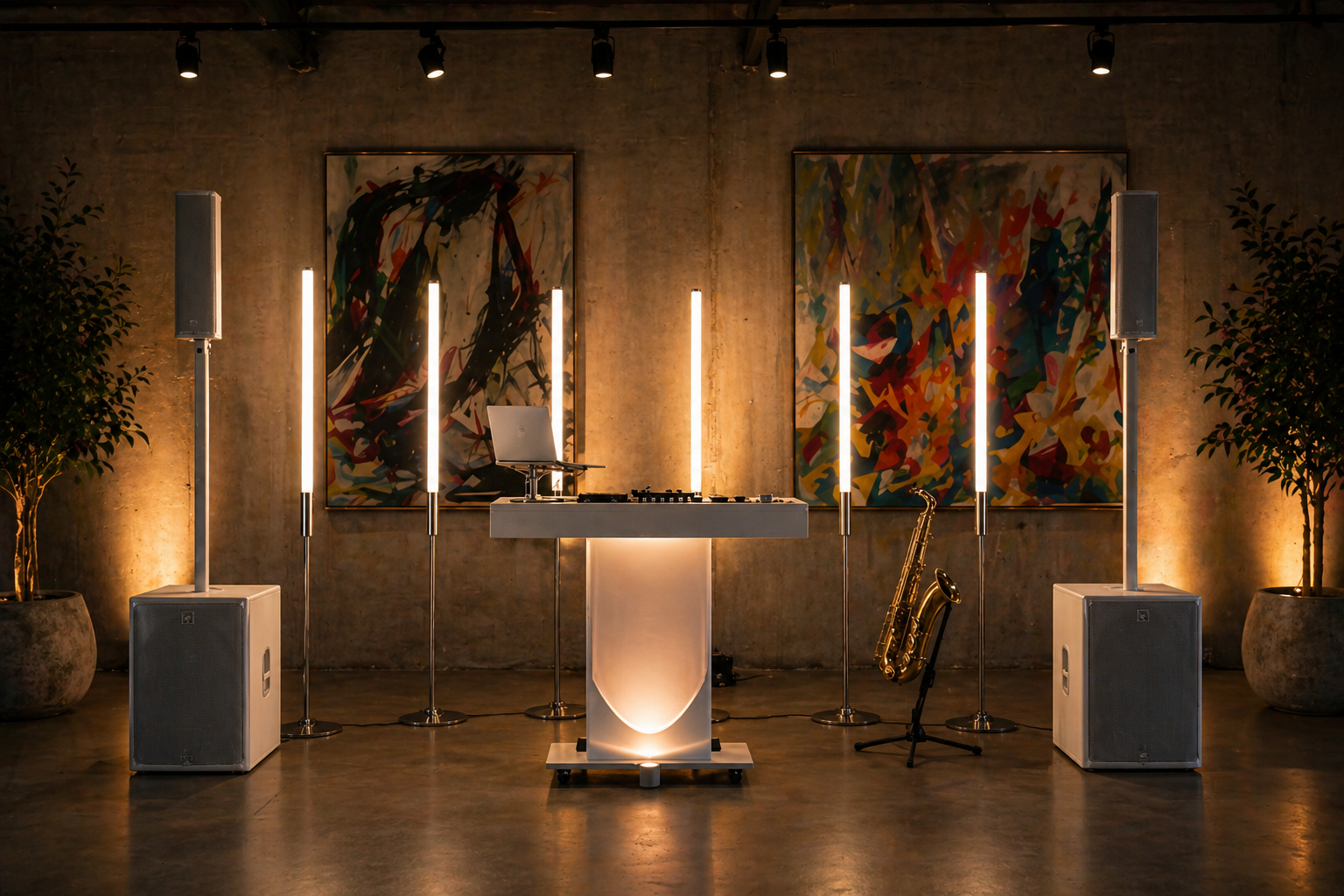 Knox Signature wedding setup with white DJ command center and architectural lighting